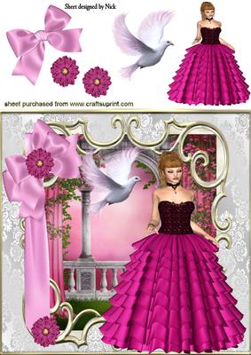 Pretty in Pink Ball Gown with Dove and Bow 8x8
