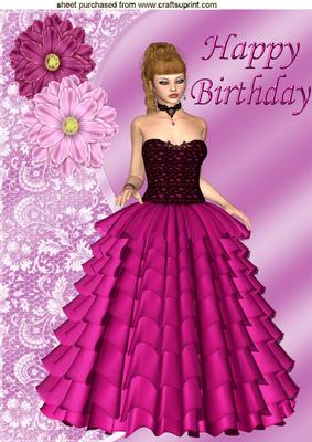 Pretty Lady in Pink Ballgown with Flowers A4