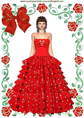 Pretty Lady in Red Ball Gown in Rose Frame A4