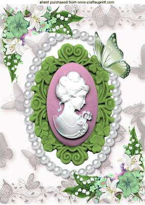 Lady in Green Cameo with Flowers and Butterflies A4