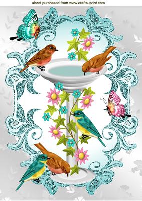 Spring is Here! Birds on a Birdbath with Butterflies A4