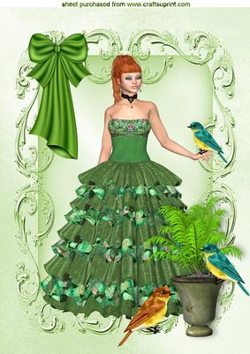 Pretty Lady in Green Gown with Little Birds A4