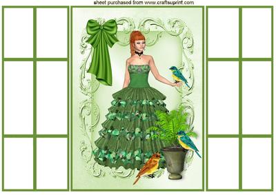 Pretty Lady in Green Gown with Birds French Gatefold