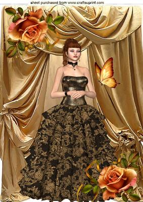 Pretty Lady in Gown with Gold Drapes and Roses A4