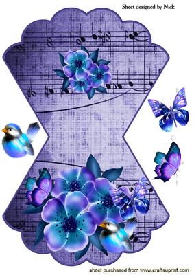 Blues and Lilac Flowers with Bird on Music Rocker Card