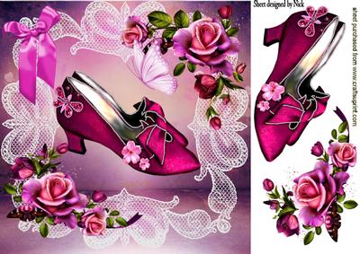 Antique Ladies Shoes with Diamonds and Roses on Lace 8x8