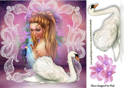 Pretty Fantasy Lady with White Swan 8x8