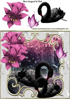 Black Swans with Fantasy Tower and Pink Flowers 8x8