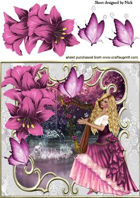 Pretty Lady with Harp, Flowers and Butterflies 8x8