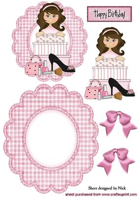 Makeup Girl with Pretty Bows and Gingham Rocker Card