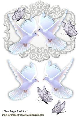 White Doves with Butterflies in Ornate Frame