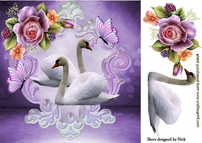 White Swans with Glittered Butterflies and Roses 8x8