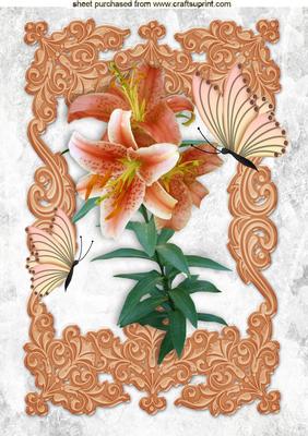 Peach Lily's in Ornate Frame with Butterflies A4