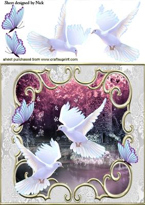 White Doves in Flight with Fantasy Tower 8x8