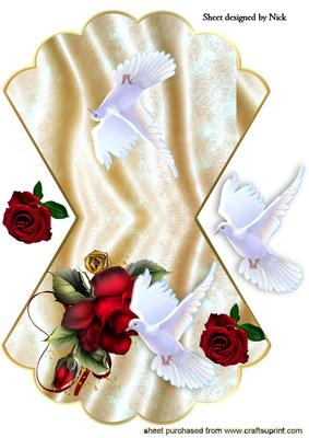 Red Roses with White Dove on Gold Satin Rocker Card