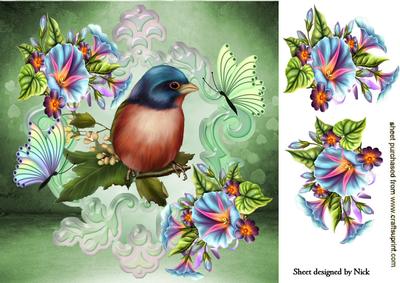 Pretty Bird with Morning Glory Flowers and Butterflies 8x8