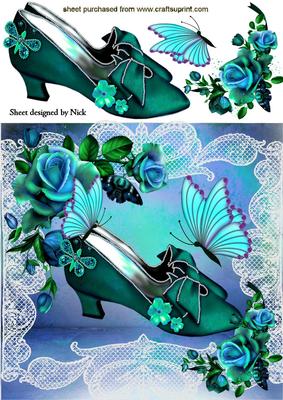 Antique Jade Shoe with Roses and Butterflies 8x8