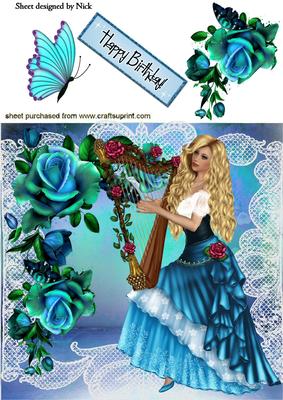 Pretty Vintage Lady with Harp and Roses 8x8