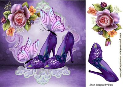 Purple Sparkle Shoes with Roses and Butterflies 8x8