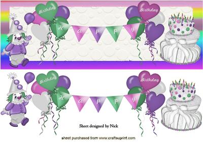 Birthday Cake with Purple Clown and Balloons Dl
