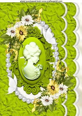 Green Lady Cameo with Spring Flowers on Scalloped Card