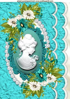 Turq Lady Cameo with Spring Flowers on Scalloped Card A4