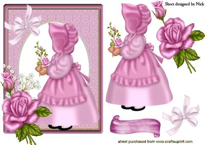 Little Bonnet Girl in Pink Frame with Pink Roses