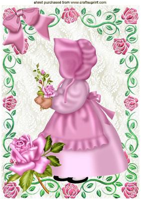 Little Bonnet Girl in Pink Rose Frame A4