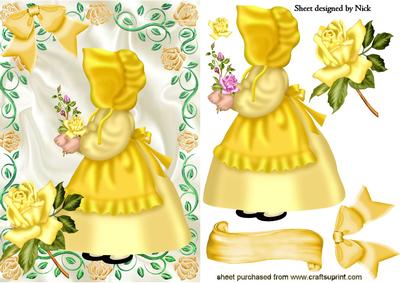 Sunshine Bonnet Girl in Frame of Gold Roses