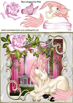 Pink Unicorn with Roses in the Garden 8x8
