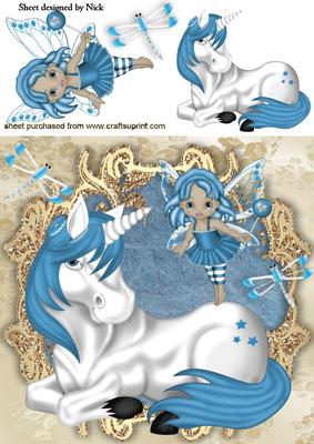 Little Blue Faerie with Blue Unicorn & Dragonflies 8x8