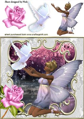 Beautiful Faerie with White Dove and Pink Rose 8x8