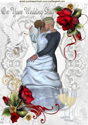 Kissing Wedding Couple with Red Roses and Dove A4