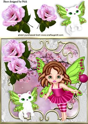 Cute Faerie with Kitty Blossoms and Roses 8x8