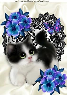 Cute Kitty with Flowers and Butterflies on Lace Heart A4
