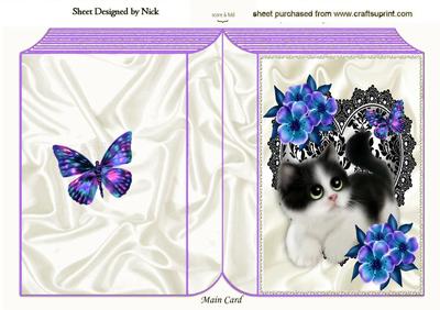 Cute Kitty with Flowers on Lace Heart Folded Book