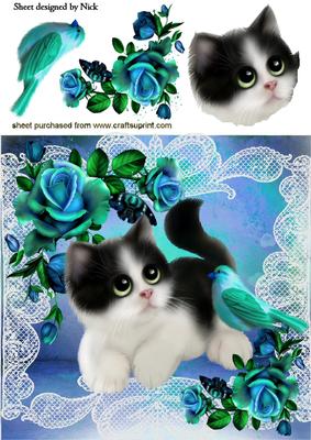Cute Kitty with Little Bird and Roses 8x8