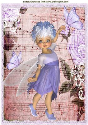Pretty Faerie in Lilac on Music Sheet with Butterflies A4