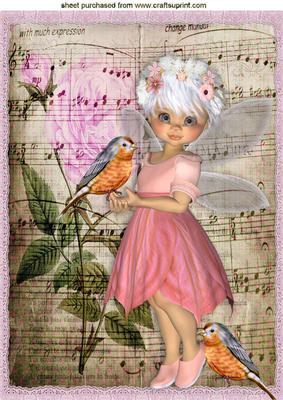 Pretty Faerie in Pink with Little Birds and Music A4