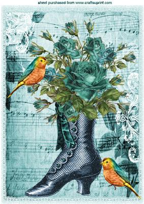 Vintage Rose Boot with Birds and Music Sheet A4