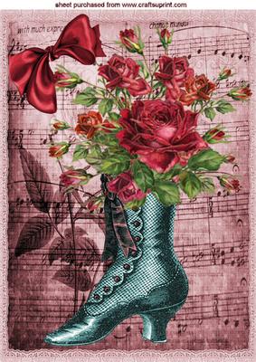 Vintage Boot with Red Roses and Bow A4