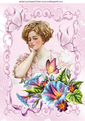 Vintage Lady with Morning Glory Flowers A4