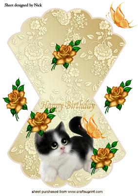 Cute Kitty with Gold Roses Birthday Rocker Card