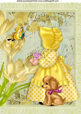 Little Bonnet Girl in Yellow with Puppy on Music A4