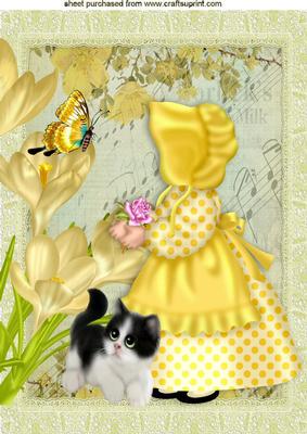 Little Bonnet Girl in Yellow with Kitty on Music A4