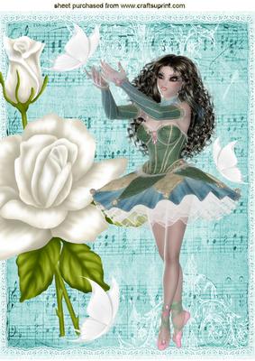 Ballerina with White Roses and Butterflies on Music A4