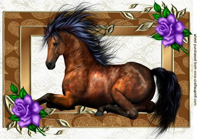 Beautiful Horse in Gold Ornate Frame with Purple Roses A4