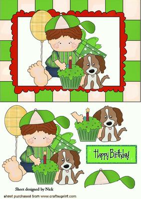 Birthday Boy with His Goodies and Puppy in Green Frame