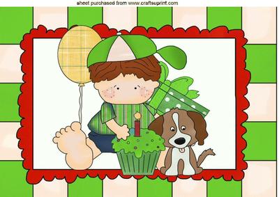Birthday Boy with His Goodies and Puppy in Green Frame A4