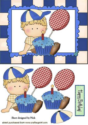Birthday Boy with His Cake and Balloon in Blue Frame
